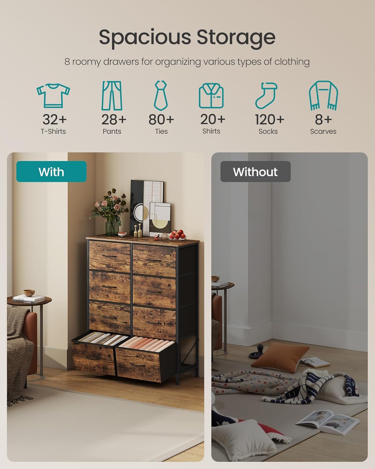 8-Drawer Fabric Dresser – Rustic Brown & Ink Black