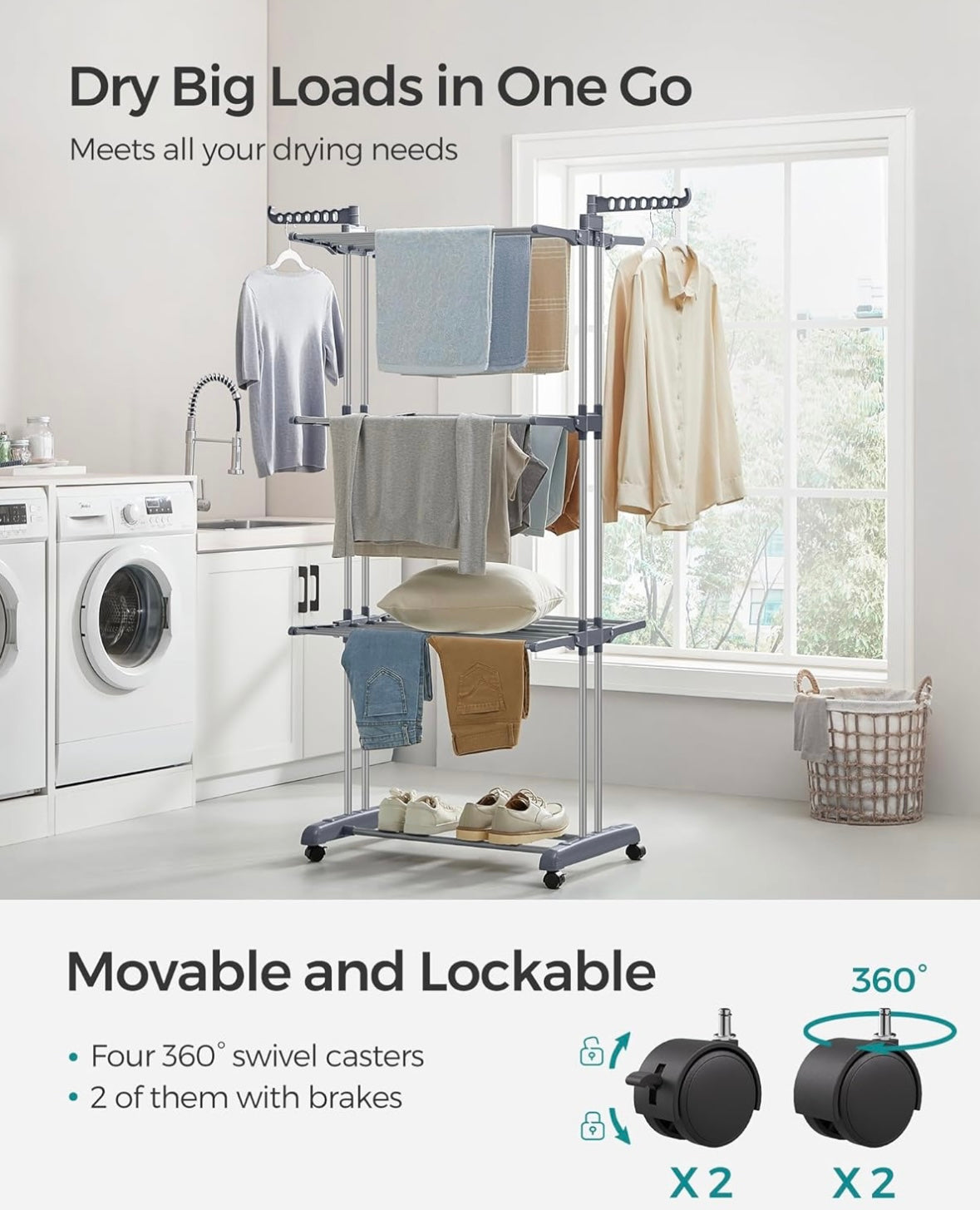 VASAGLE 4-Tier Foldable Clothes Drying Rack — Heavy-Duty Stainless Steel (Dove Grey)