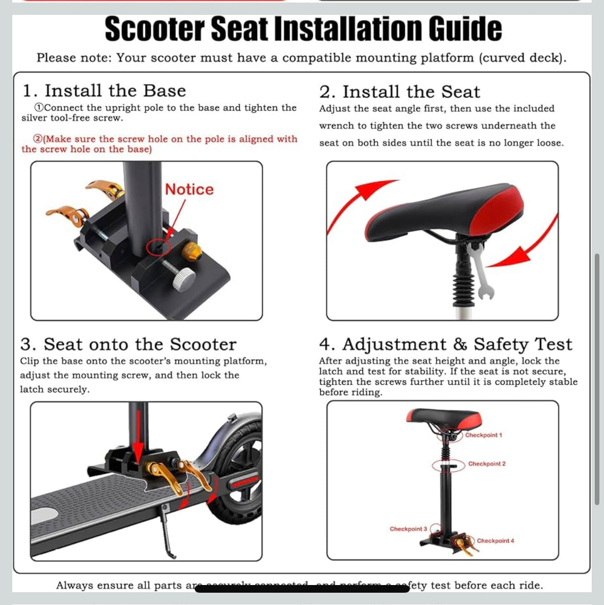 NAWESRVA Adjustable Electric Scooter Seat — Universal Foldable Design (Red/Black)