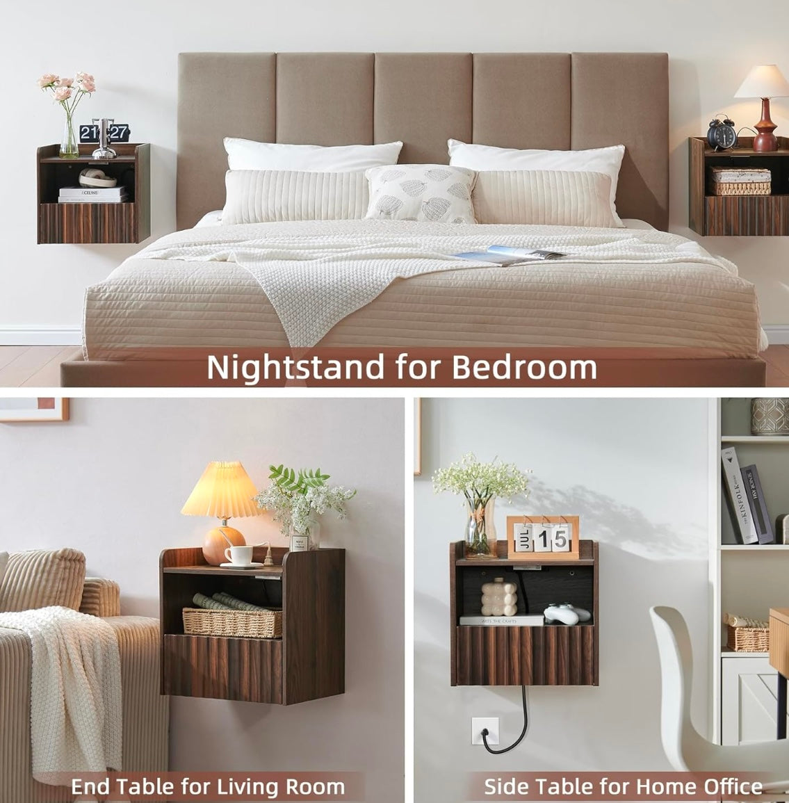 BuildHom Floating Wall-Mounted Nightstands – Walnut Finish (Set of 2)