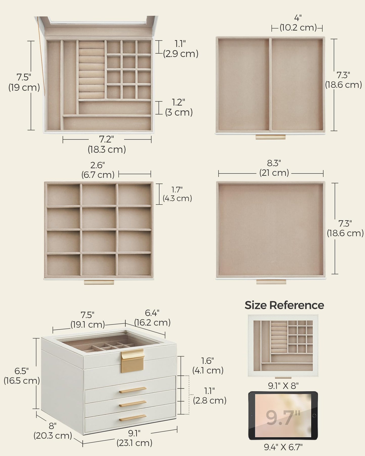 SONGMICS 4-Layer Jewelry Organizer Box – Cloud White + Gold