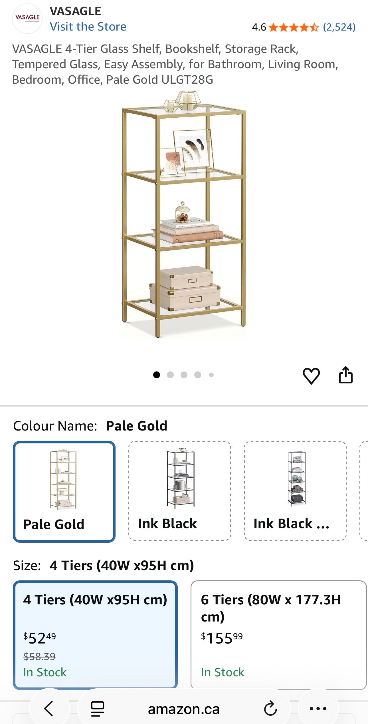 VASAGLE 4-Tier Glass Display Shelf – Pale Gold Frame