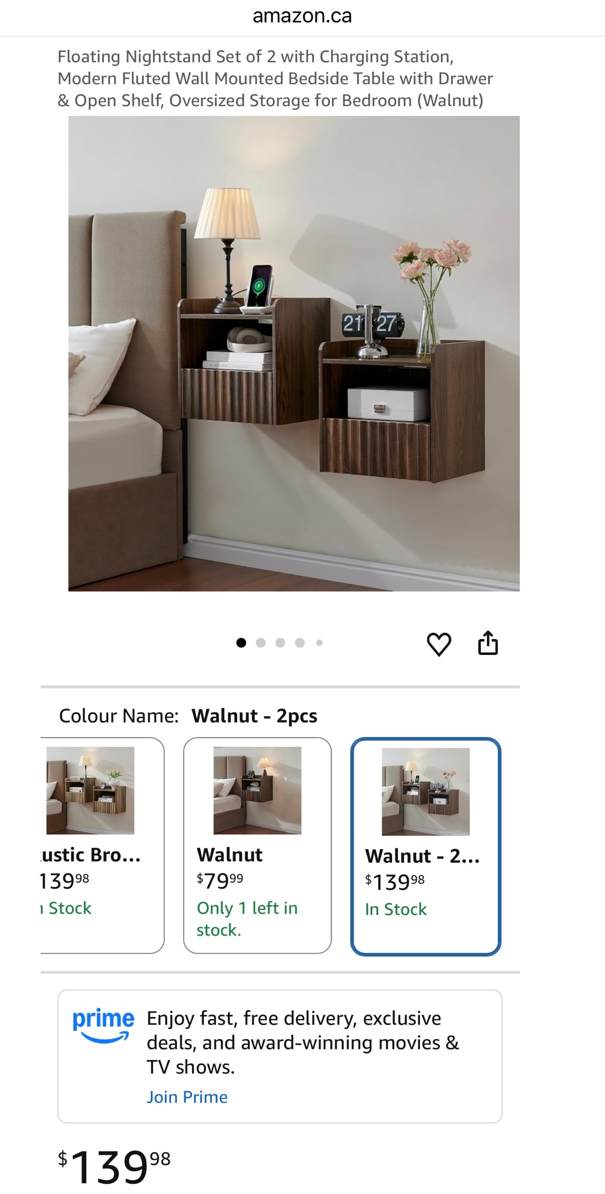 BuildHom Floating Wall-Mounted Nightstands – Walnut Finish (Set of 2)