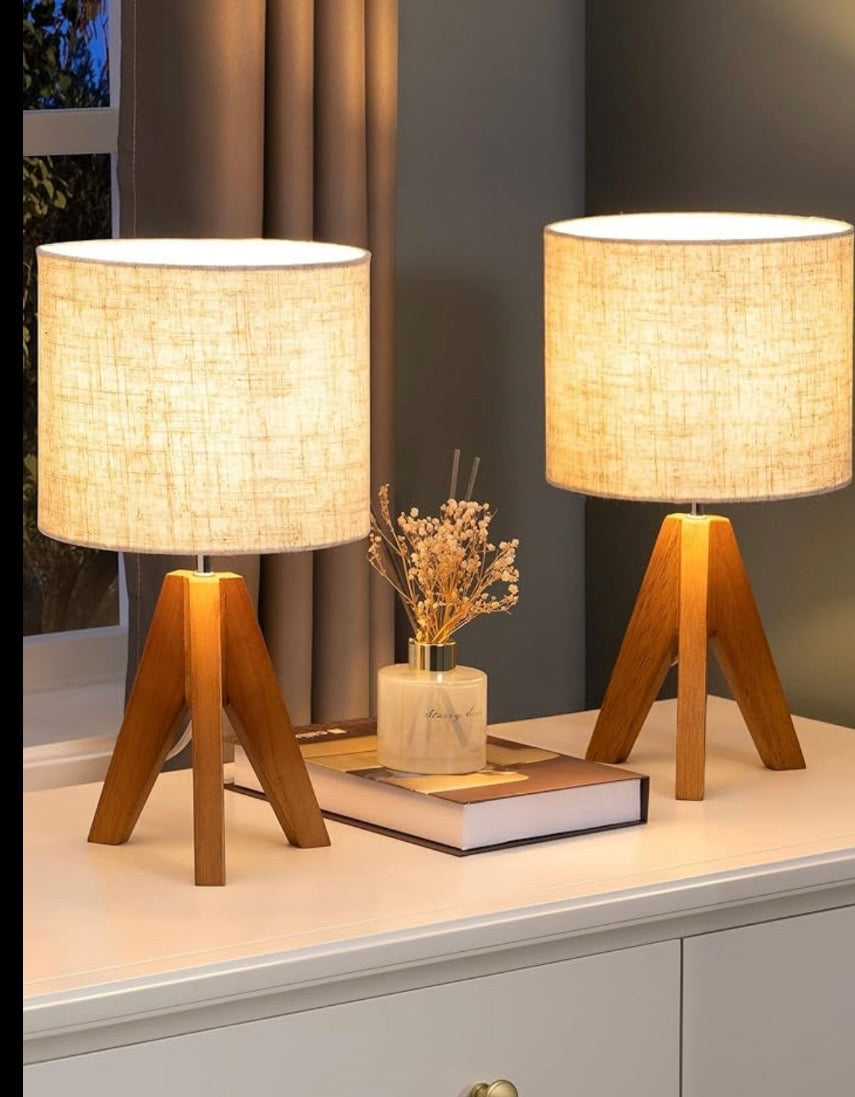 EDISHINE Wooden Tripod Table Lamp with Linen Shade- 2 pack
