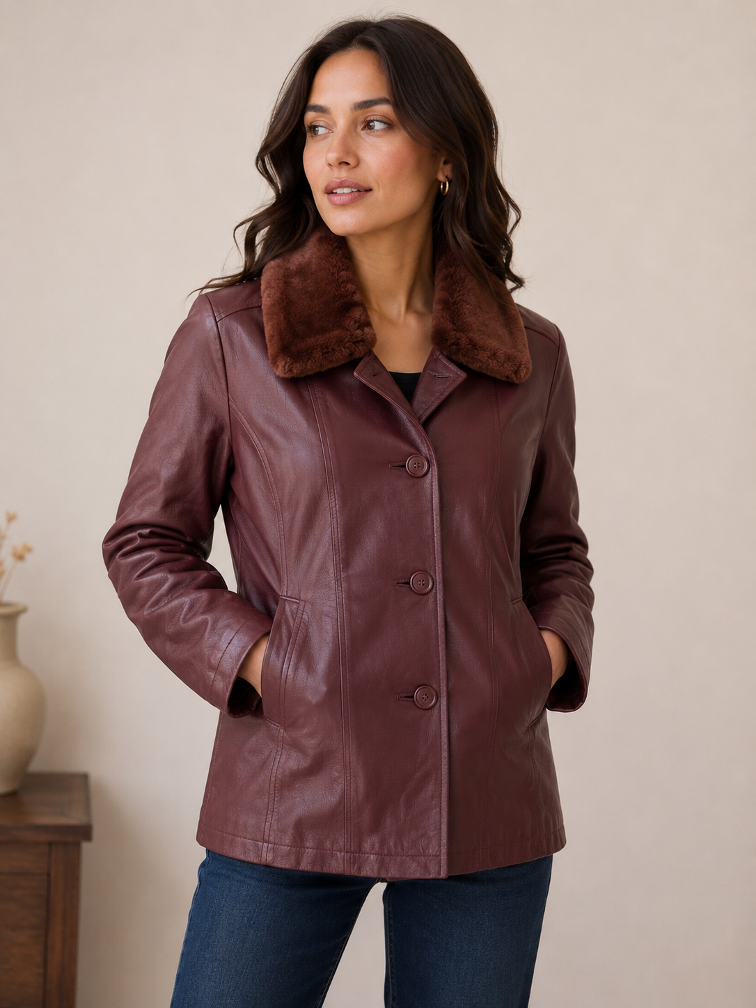 Women’s Leather Jacket with Faux Fur Collar