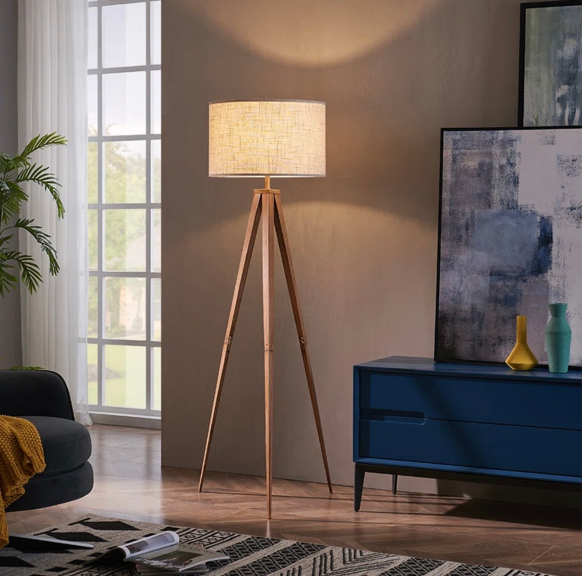 Modern 61” Tripod Floor Lamp – Metal Base with Drum Shade