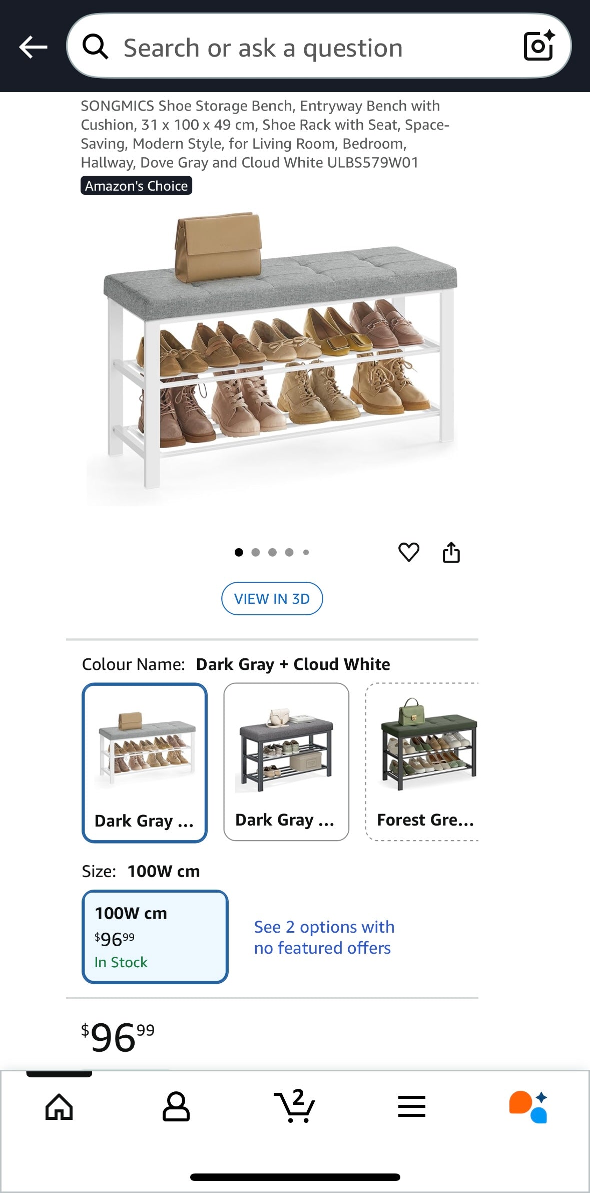 Modern 2-Tier Shoe Bench with Padded Seat — Dark Gray + Cloud White