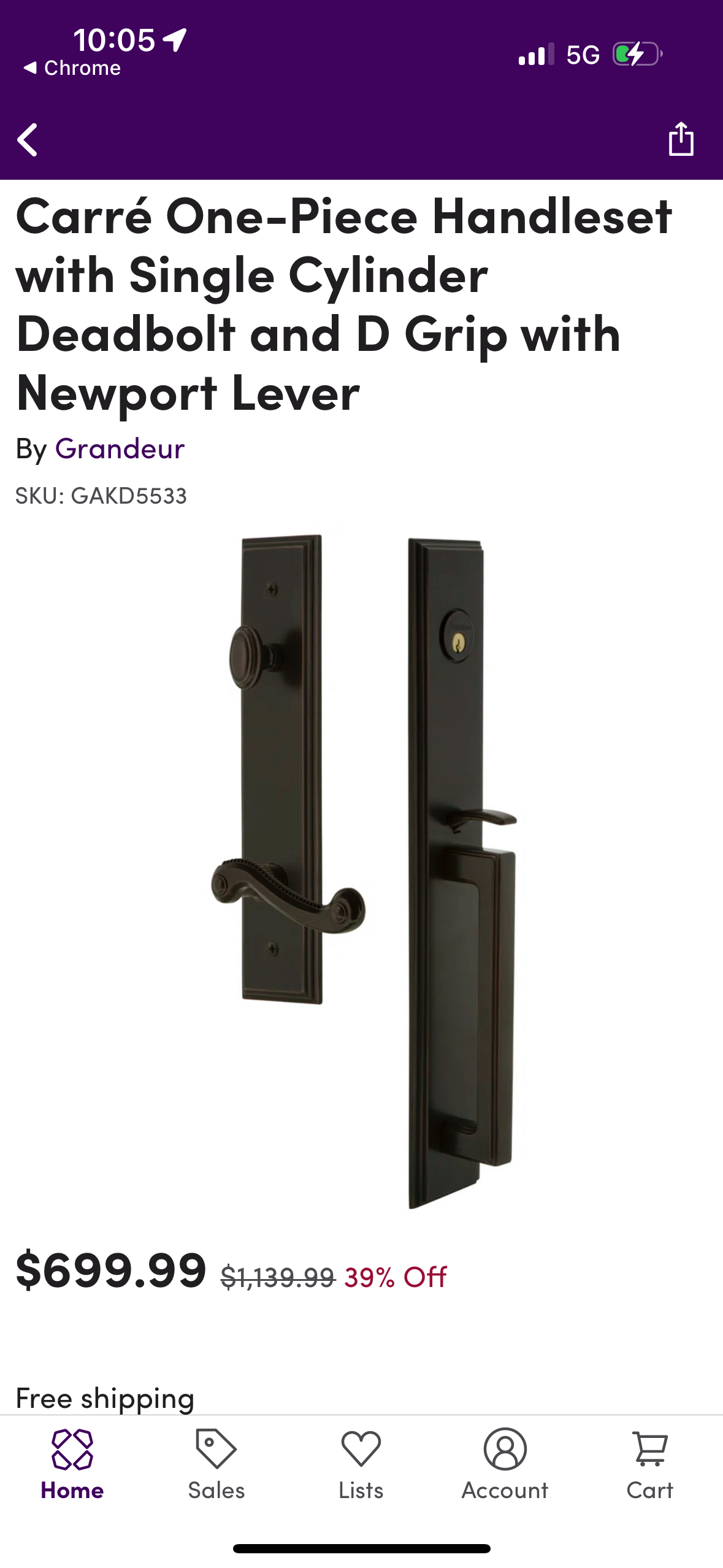 Grandeur Carré One-Piece Handleset with Deadbolt & Newport Lever – Open Box