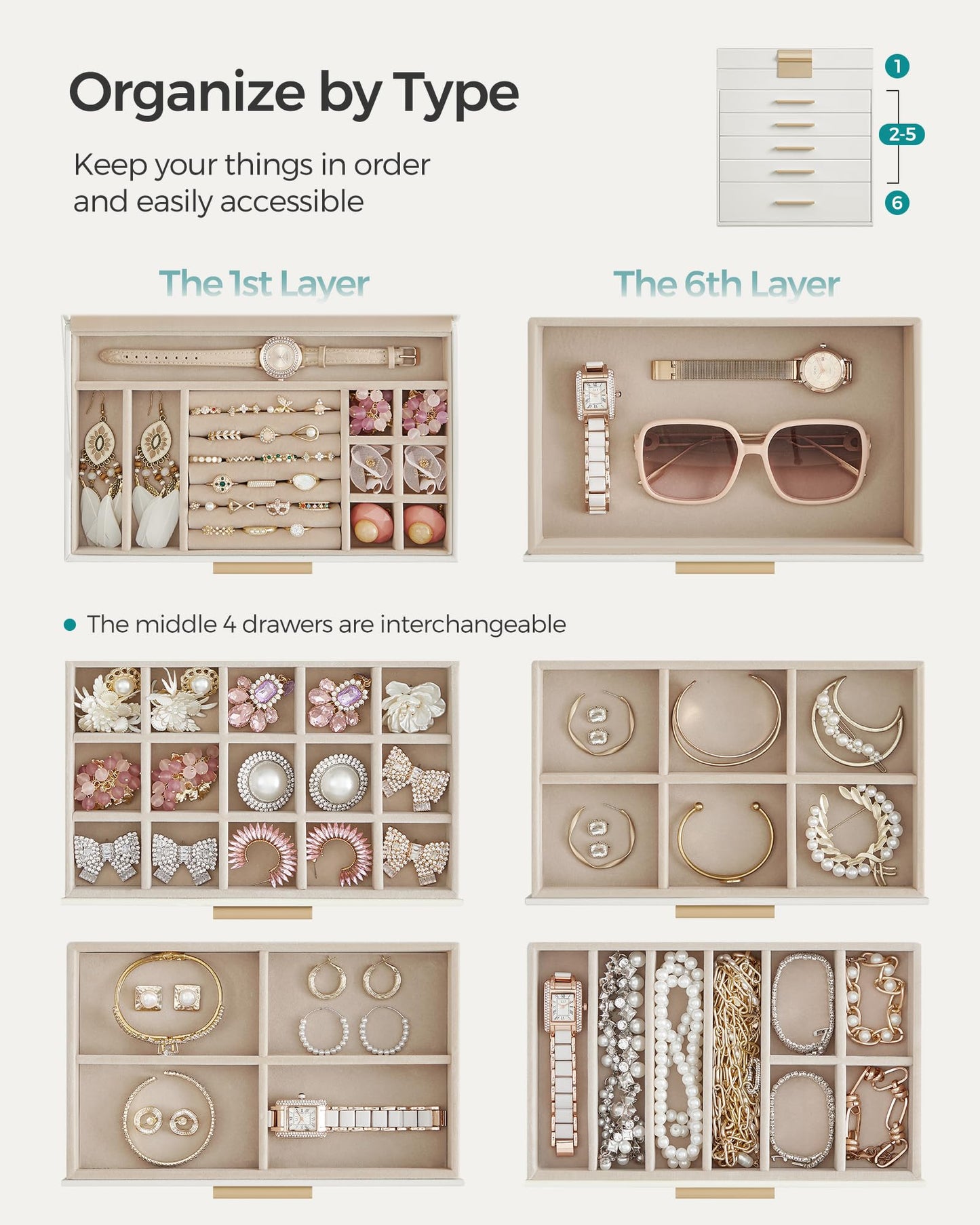 SONGMICS 6-Layer Jewelry Organizer with Glass Lid