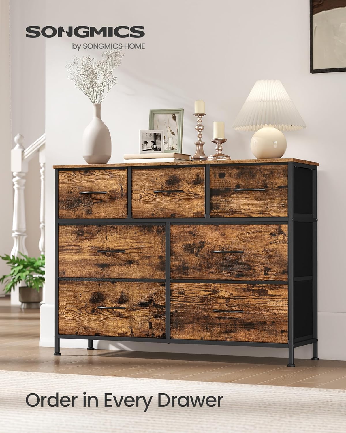 7-Drawer Fabric Dresser Storage Organizer – Rustic Brown & Ink Black