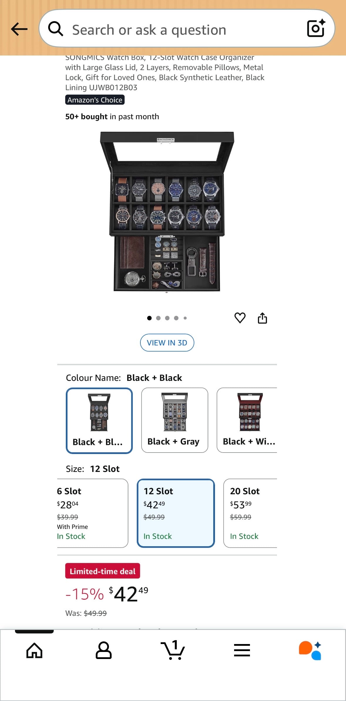 SONGMICS 12-Slot Watch Box Organizer with Glass Lid – Black