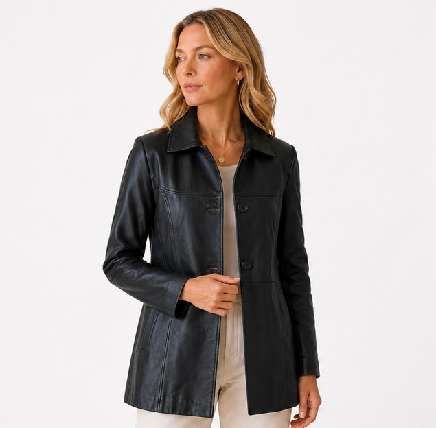 Women’s Classic Black Leather Jacket – Size XL
