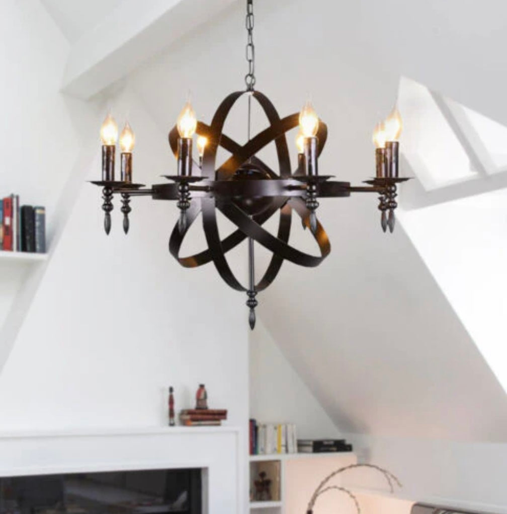 6-Light Black Wrought Iron Spherical Chandelier Pendant