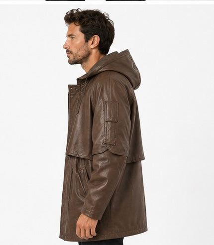 Men’s Hooded Leather Parka Jacket