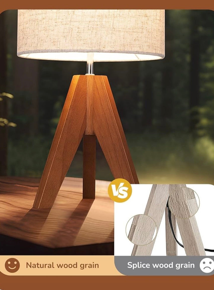 EDISHINE Wooden Tripod Table Lamp with Linen Shade- 2 pack