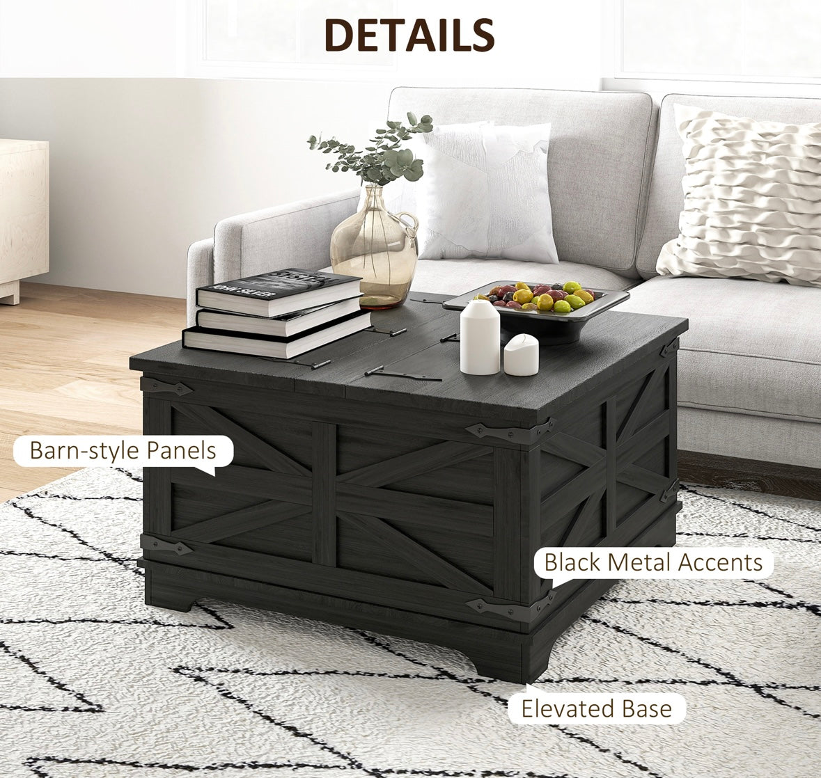 Farmhouse Lift-Top Coffee Table with Hidden Storage – Rustic Square Center Table with Flip-Top Design