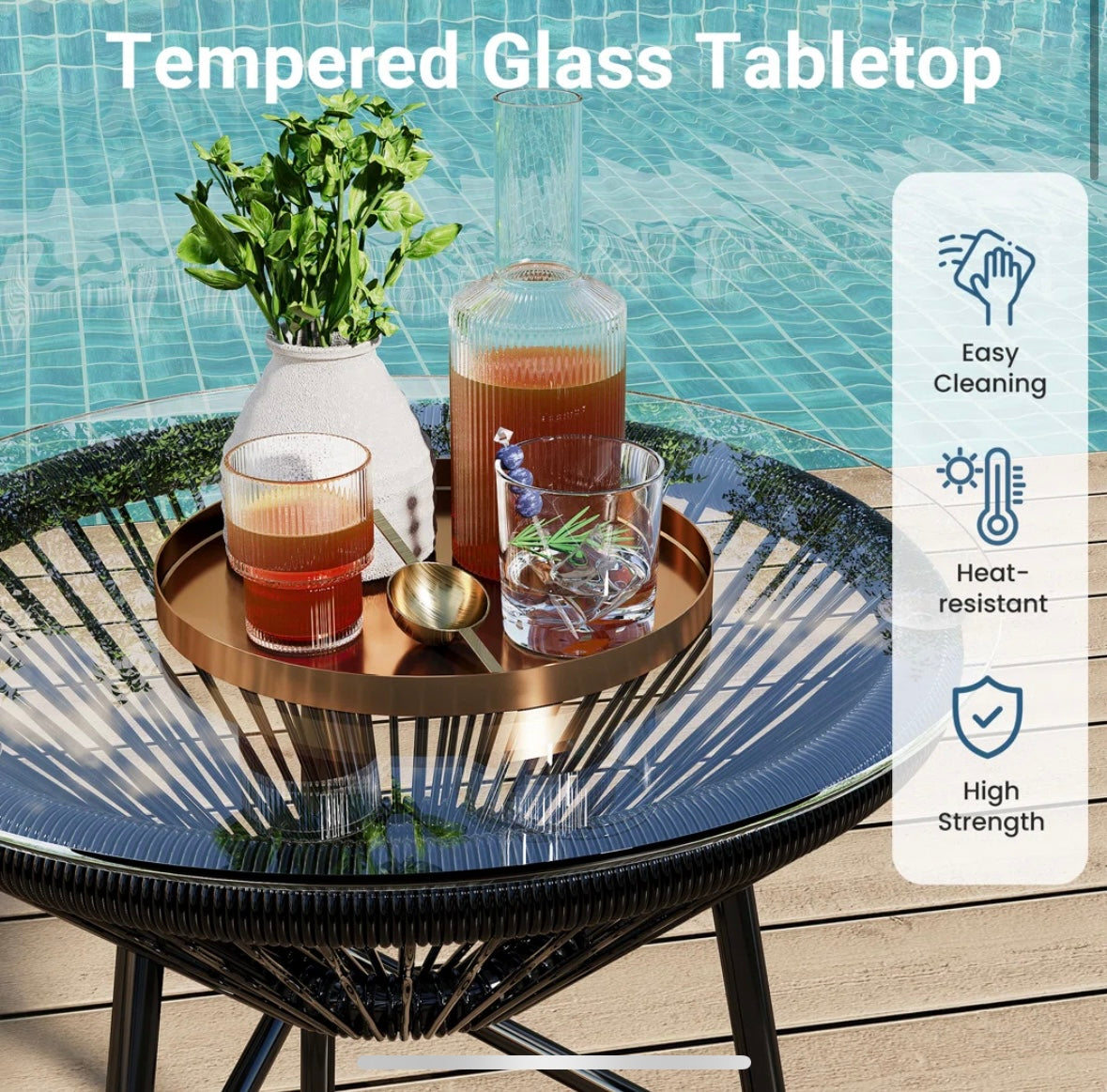 3-Piece Rattan Patio Bistro Set – Acapulco-Style Chairs with Glass Table (Black & Grey)