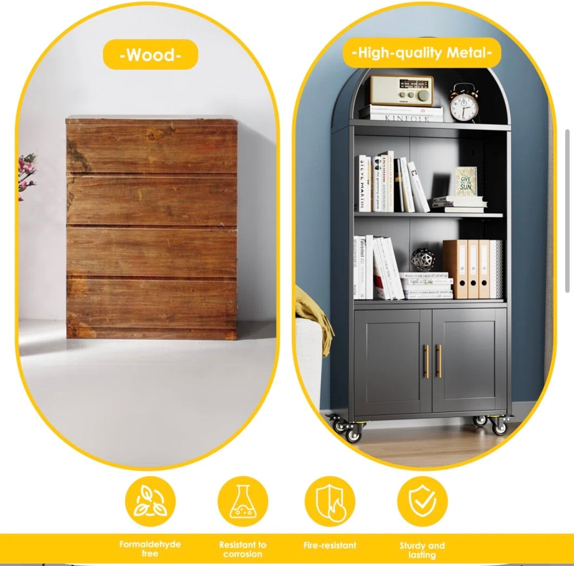 Modern Arched Metal Bookcase Cabinet