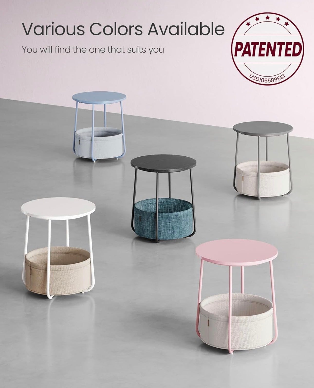 VASAGLE LILEA Round Side Table with Fabric Basket
