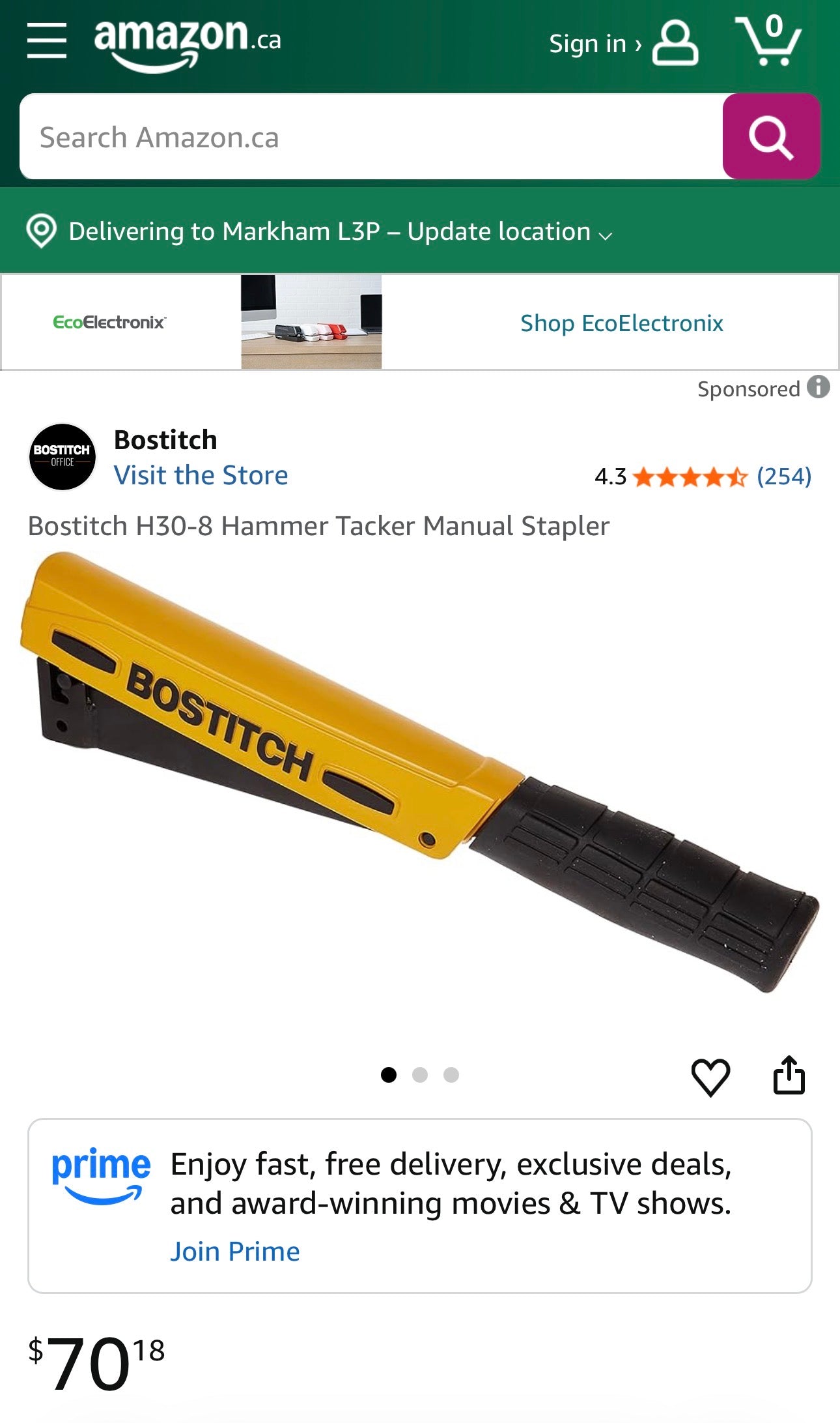 Bostitch H30-8 PowerCrown Hammer Tacker Manual Stapler