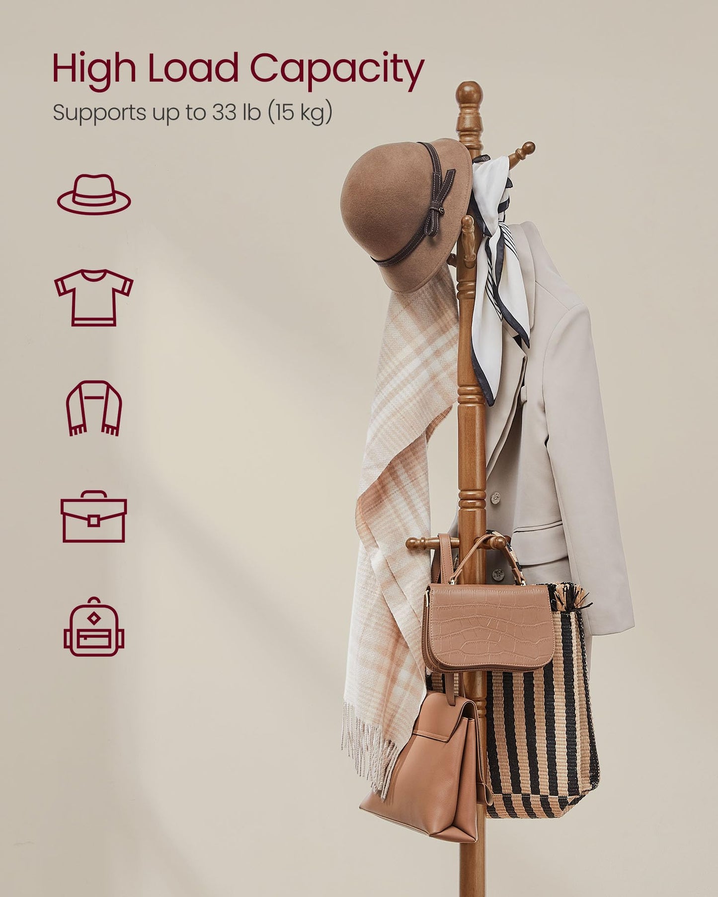 VASAGLE Solid Wood Freestanding Coat Rack