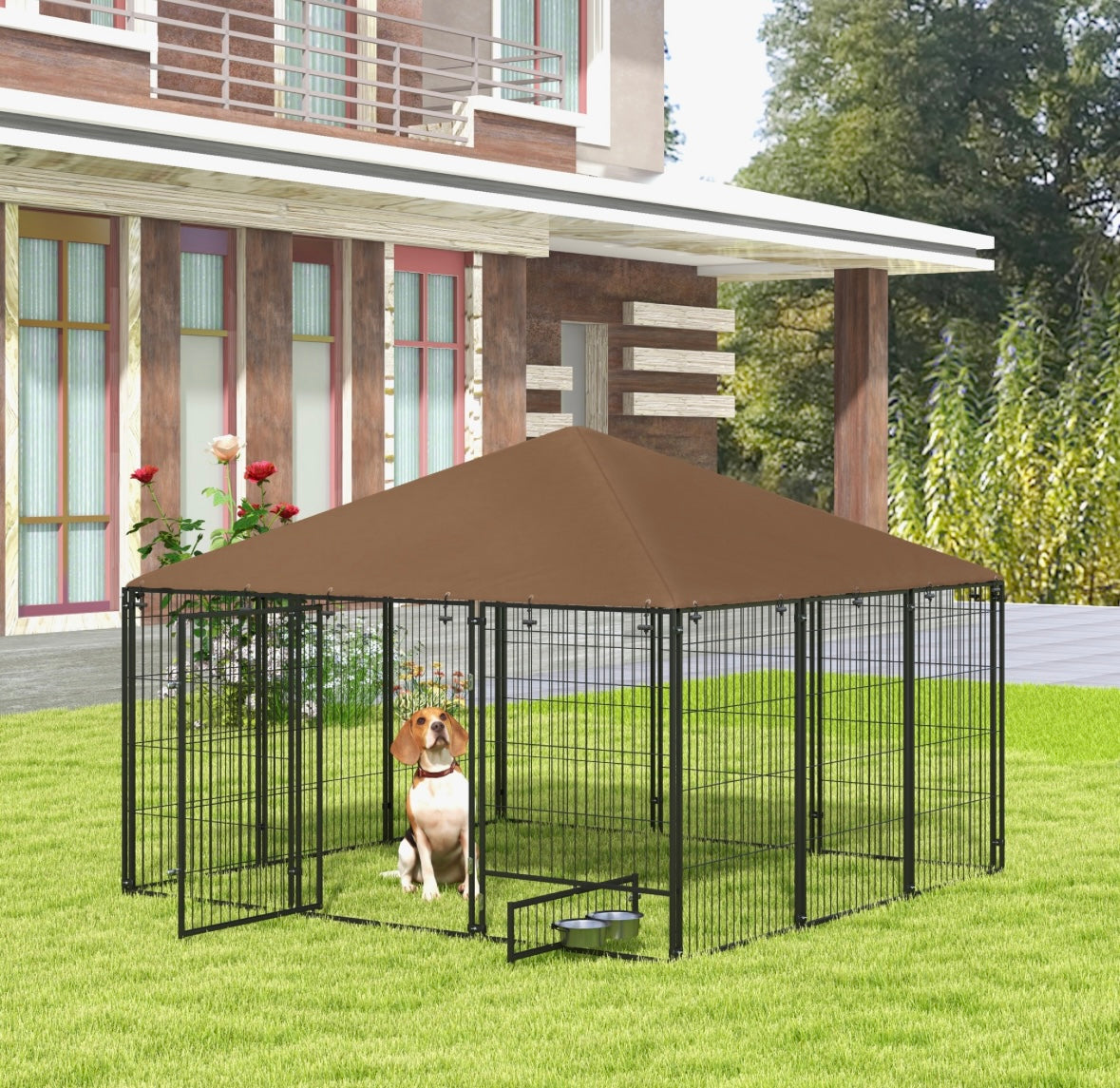 Outsunny Outdoor Dog Kennel with Roof & Feeding Door – Heavy-Duty Steel | Weather-Resistant | Spacious Design