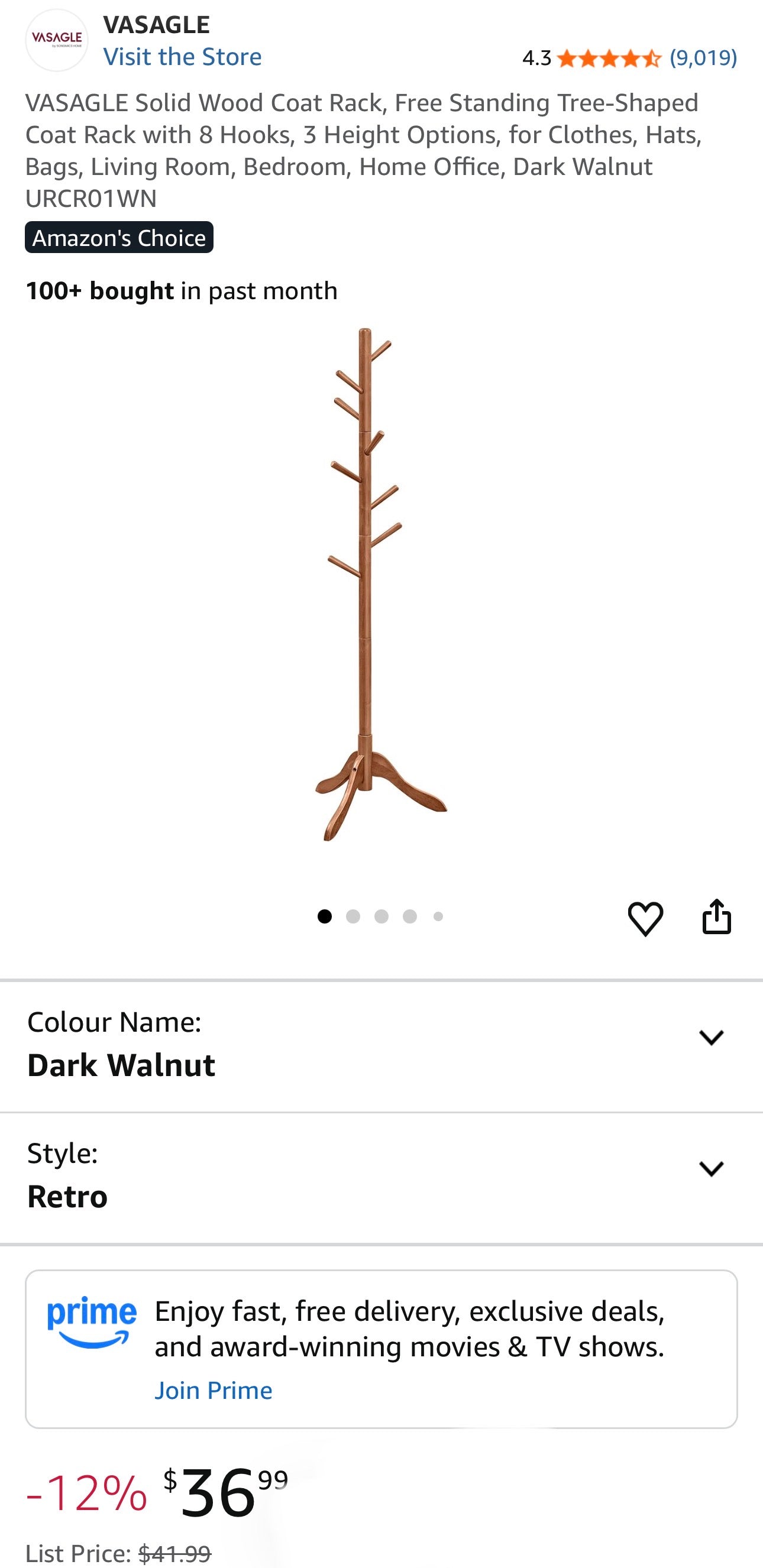 VASAGLE Solid Wood Standing Coat Rack
