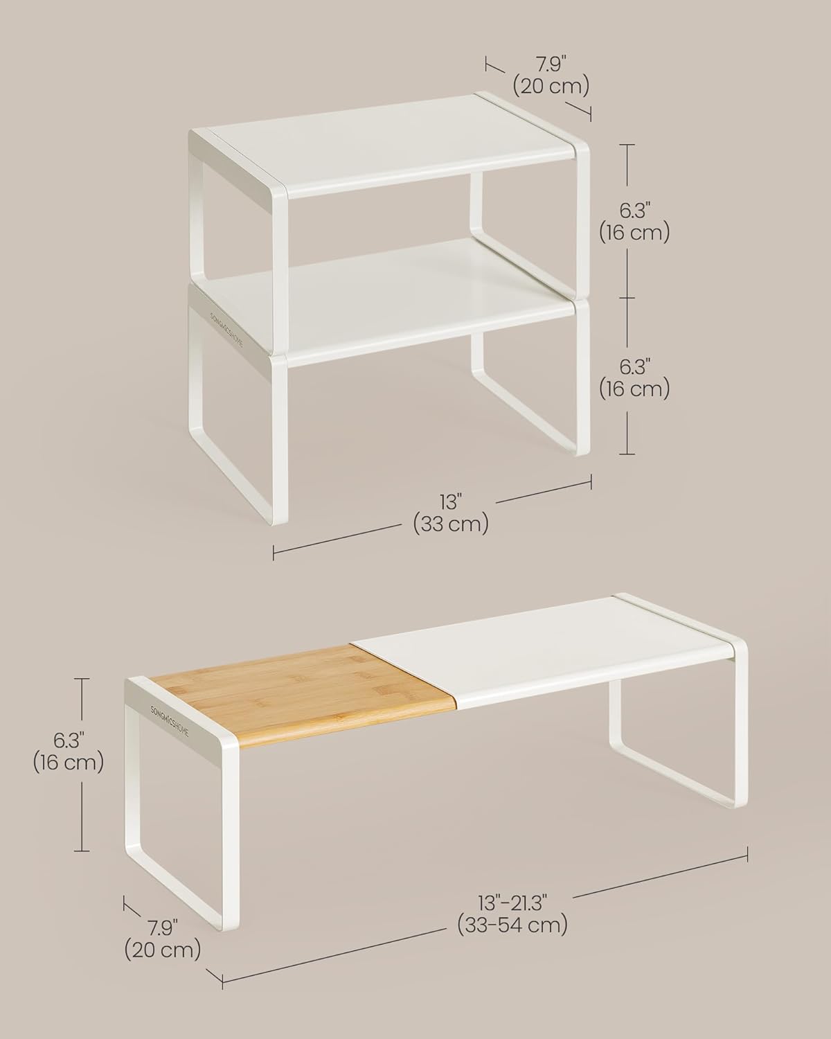 VASAGLE 2-Tier Expandable Counter Shelf – Natural Beige + Cream White