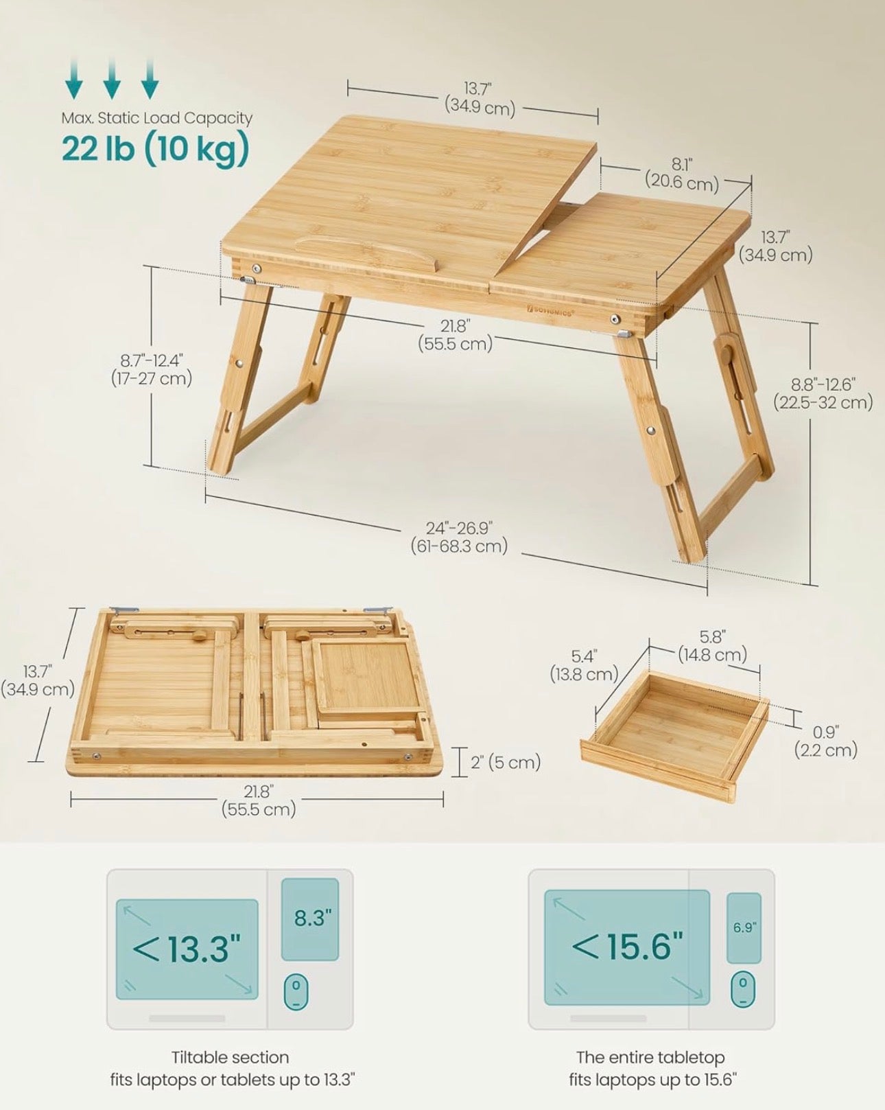 SONGMICS Adjustable Bamboo Laptop Bed Tray