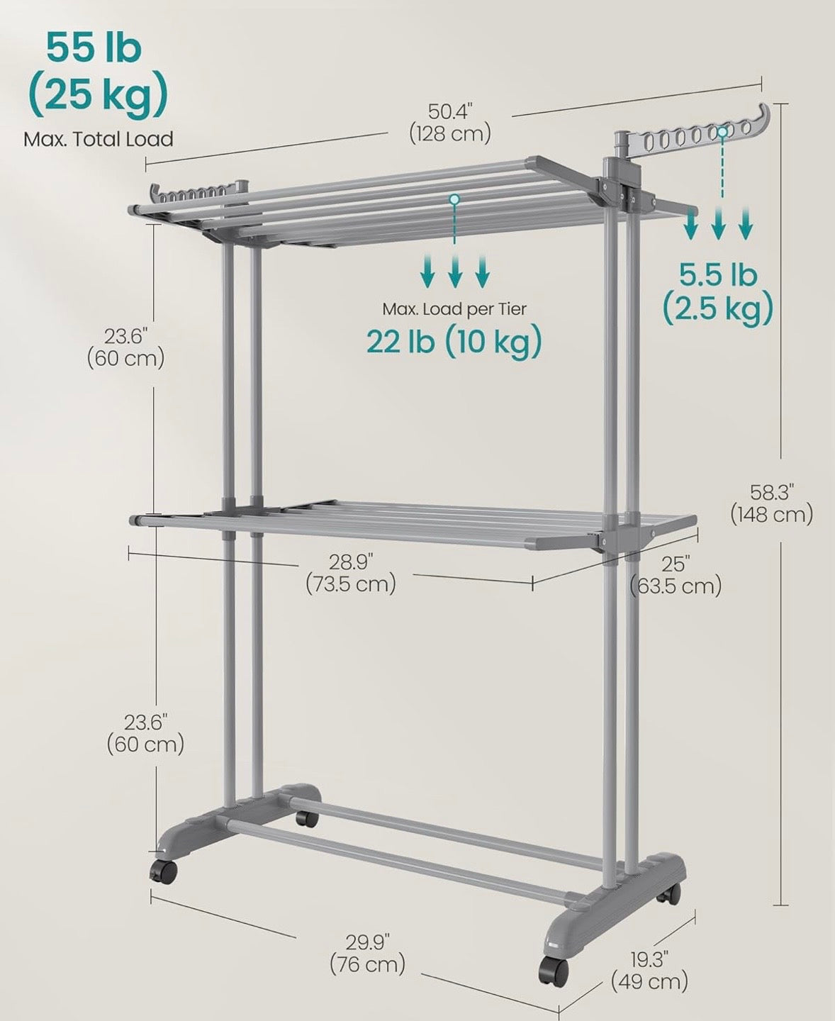 SONGMICS 3-Tier Clothes Drying Rack with Wheels – Dove Grey