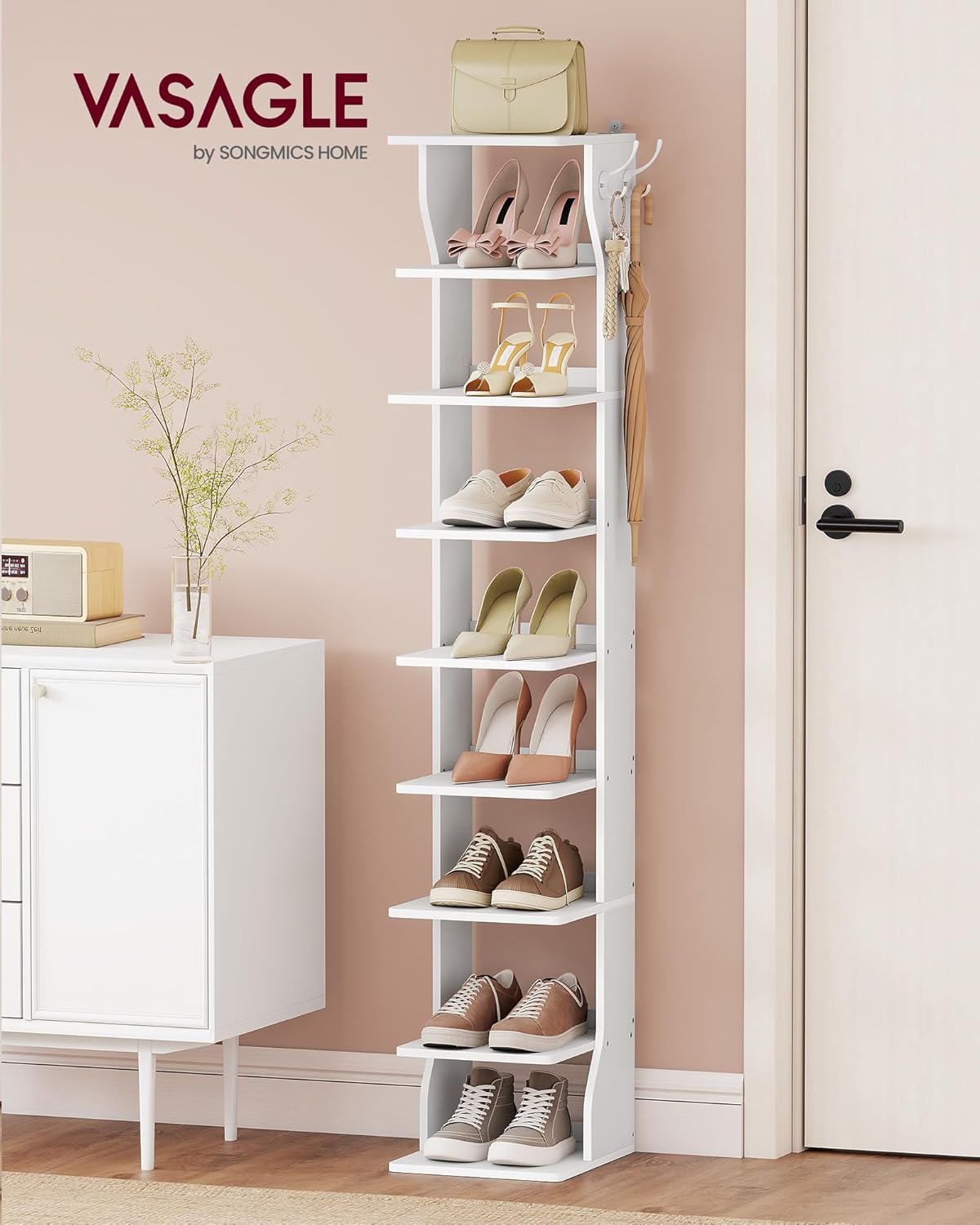 9-Tier Slim Shoe Rack with Hooks – White
