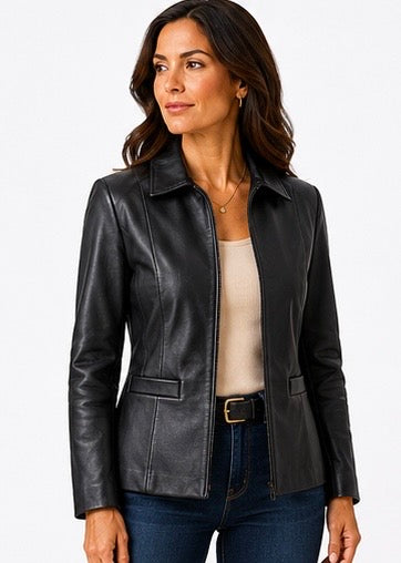 Women’s Fitted Black Leather Jacket – Sizes XS & 2XS