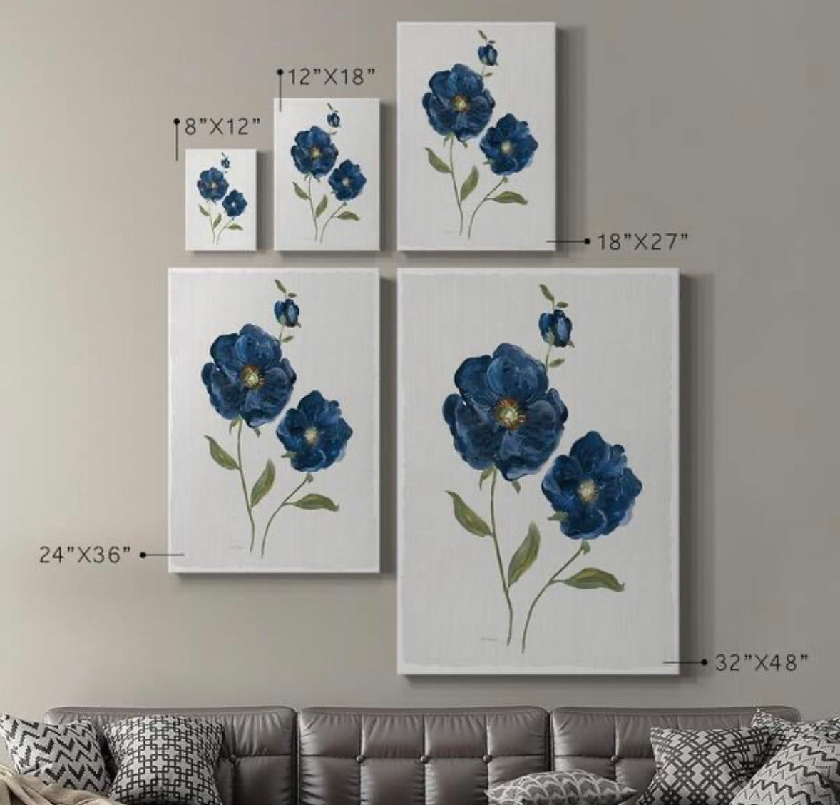 Blue Mums Floral Canvas Wall Art – Green Wood Frame (Set of 2)