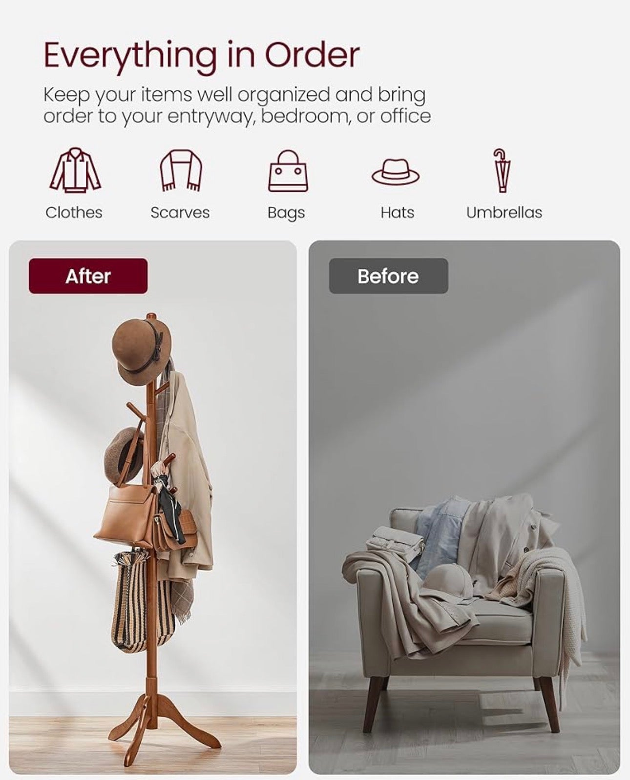 VASAGLE Solid Wood Coat Rack