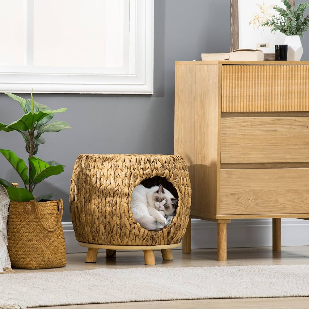 PawHut Wicker Cat House & Elevated Bed