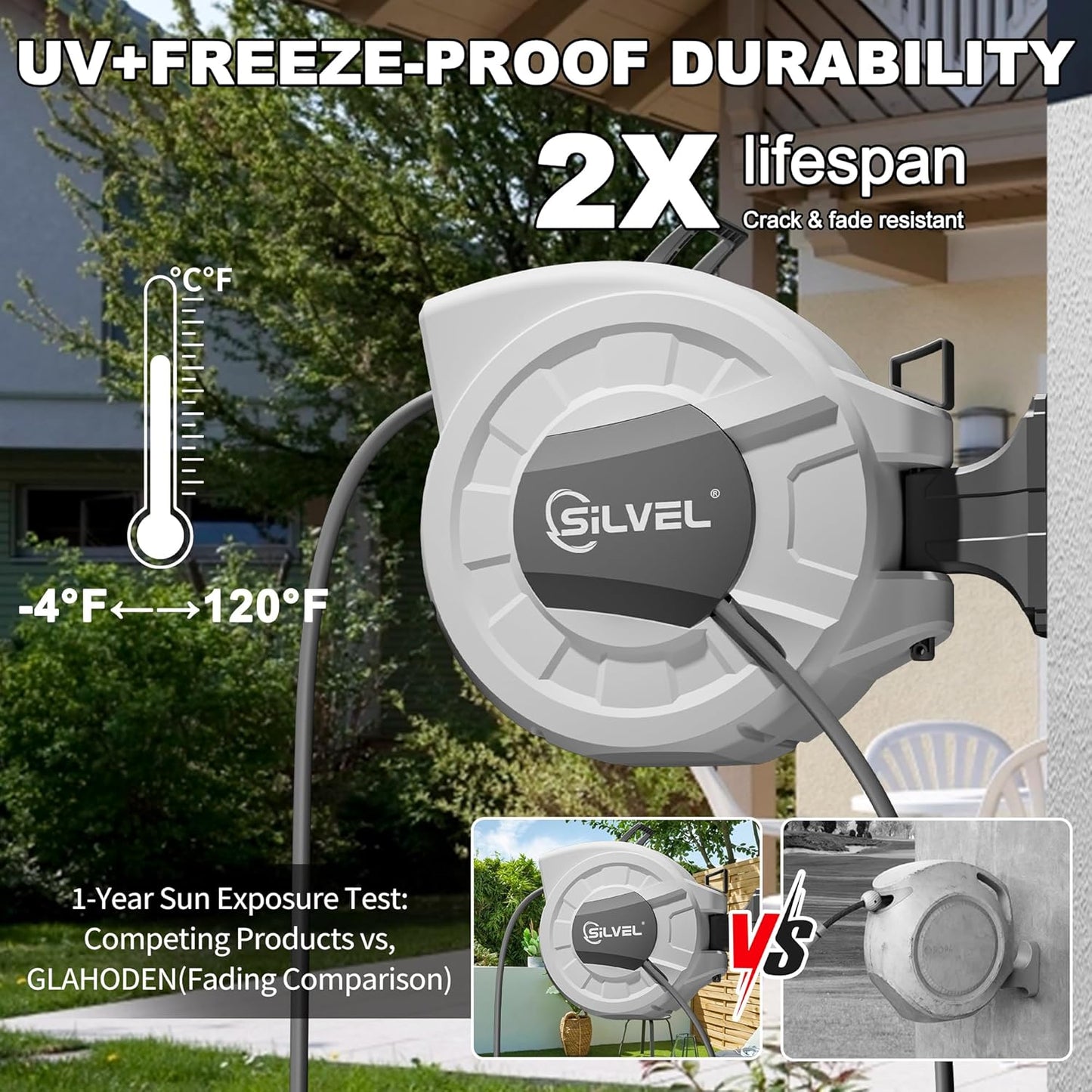 SILVEL Retractable Garden Hose Reel – 105 ft