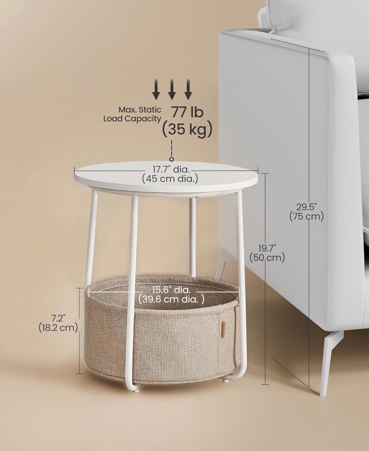 VASAGLE LILEA Round Side Table with Fabric Basket