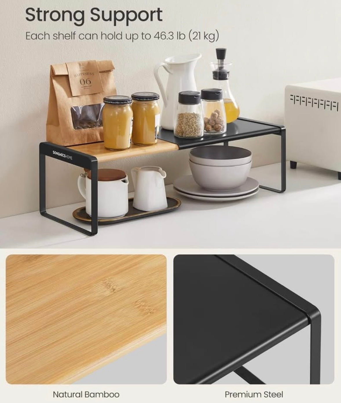 Extendable Bamboo & Steel Kitchen Shelf Organizer