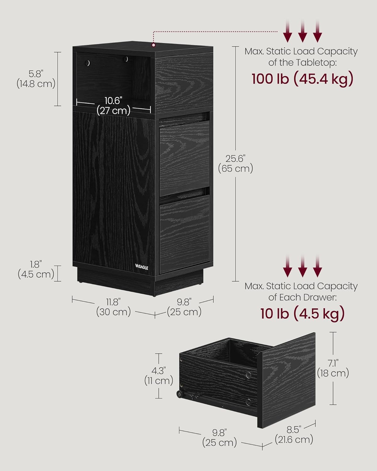 VASAGLE Slim Nightstand Set (2-Piece) – Ebony Black
