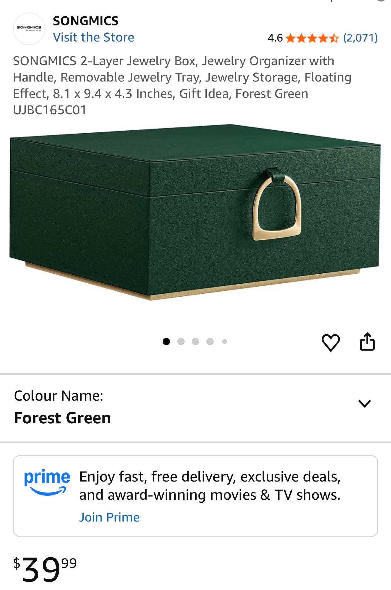 SONGMICS Elegant Forest Green Jewelry Box
