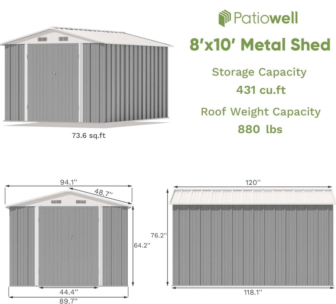Patiowell 8’ x 10’ Metal Outdoor Storage Shed