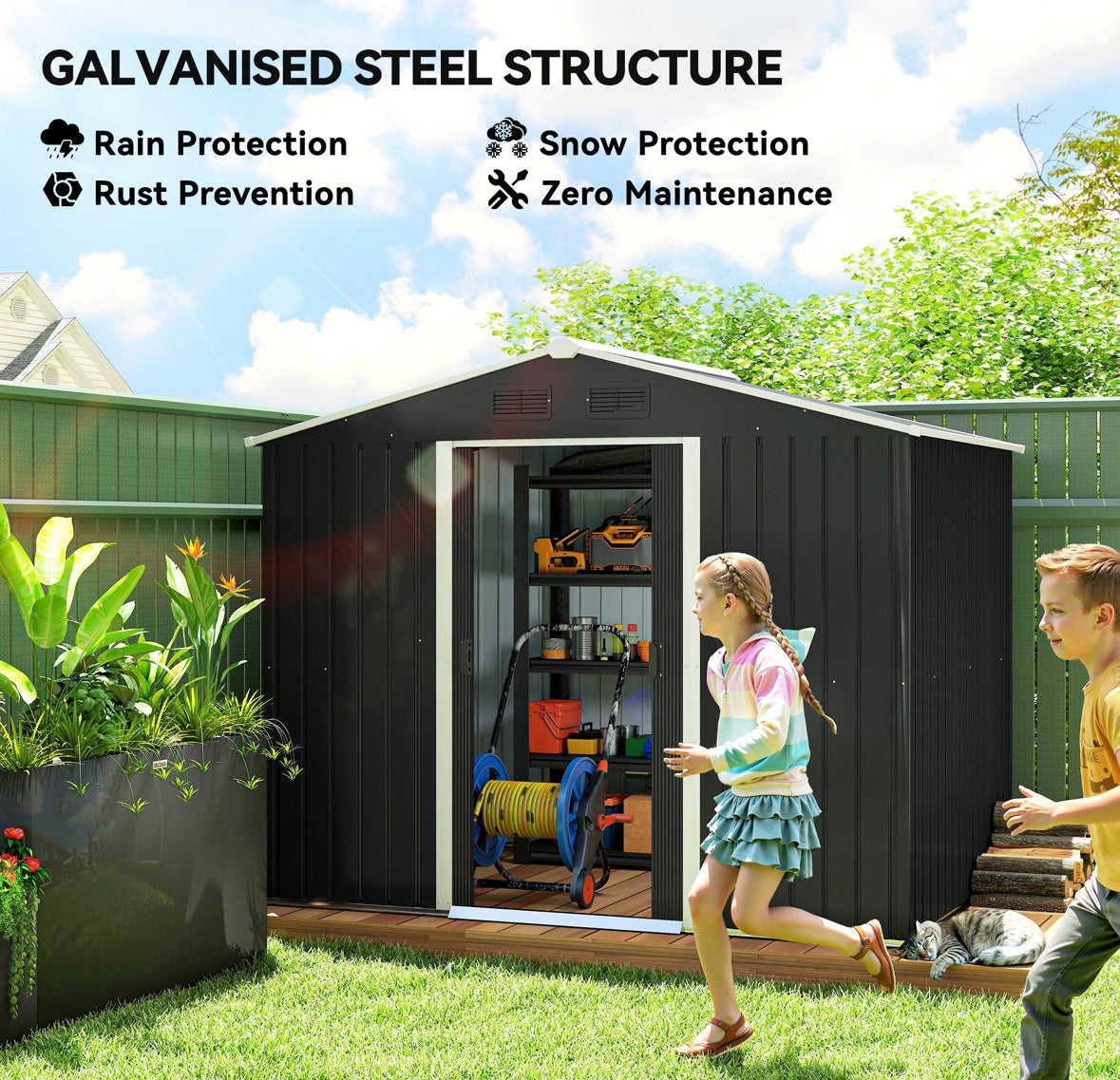 Outsunny 8×6 ft Metal Garden Storage Shed – Waterproof Steel Outdoor Tool Shed with Sliding Doors & Vents
