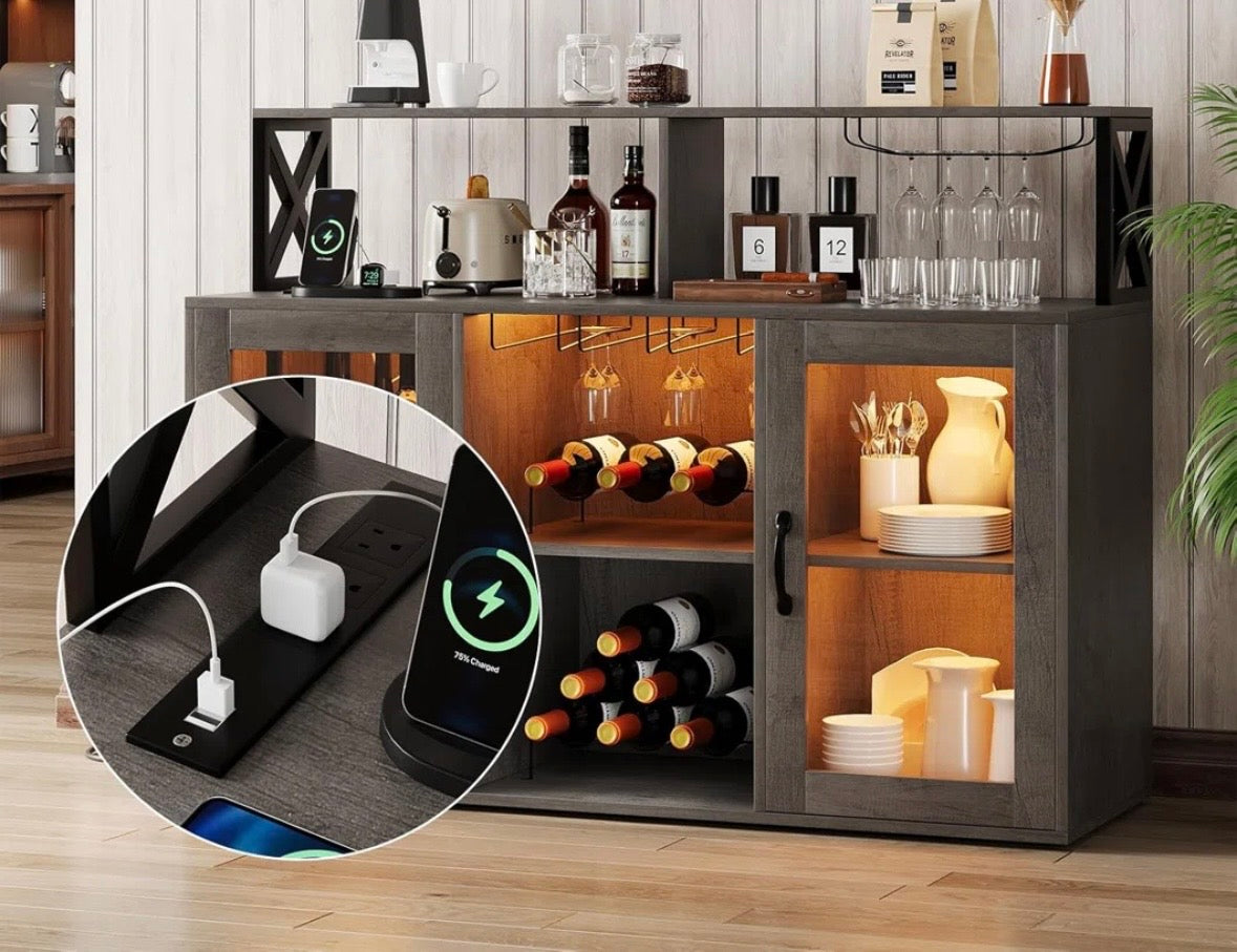 Modern Bar Cabinet with LED Lights & Charging Station