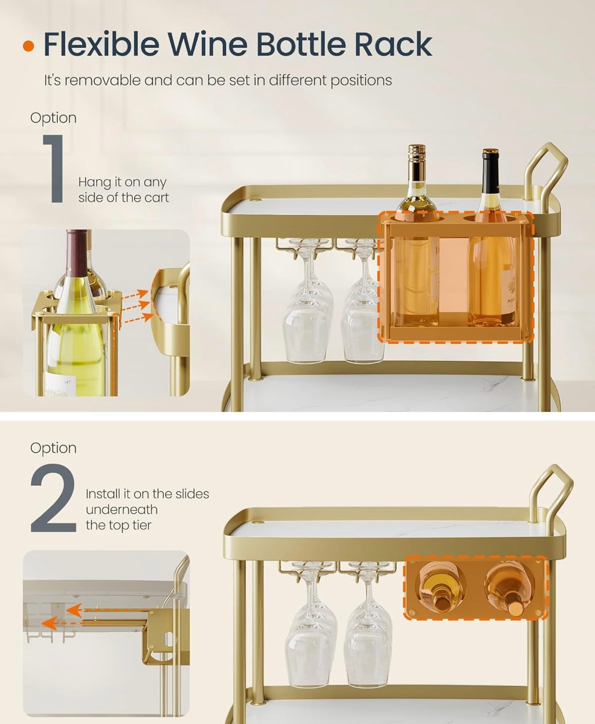 SONGMICS HOME Marble & Gold Bar Cart – 3-Tier Rolling Beverage Cart