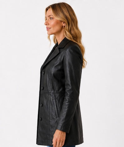 Women’s Tailored Black Leather Jacket – Classic Mid-Length Style