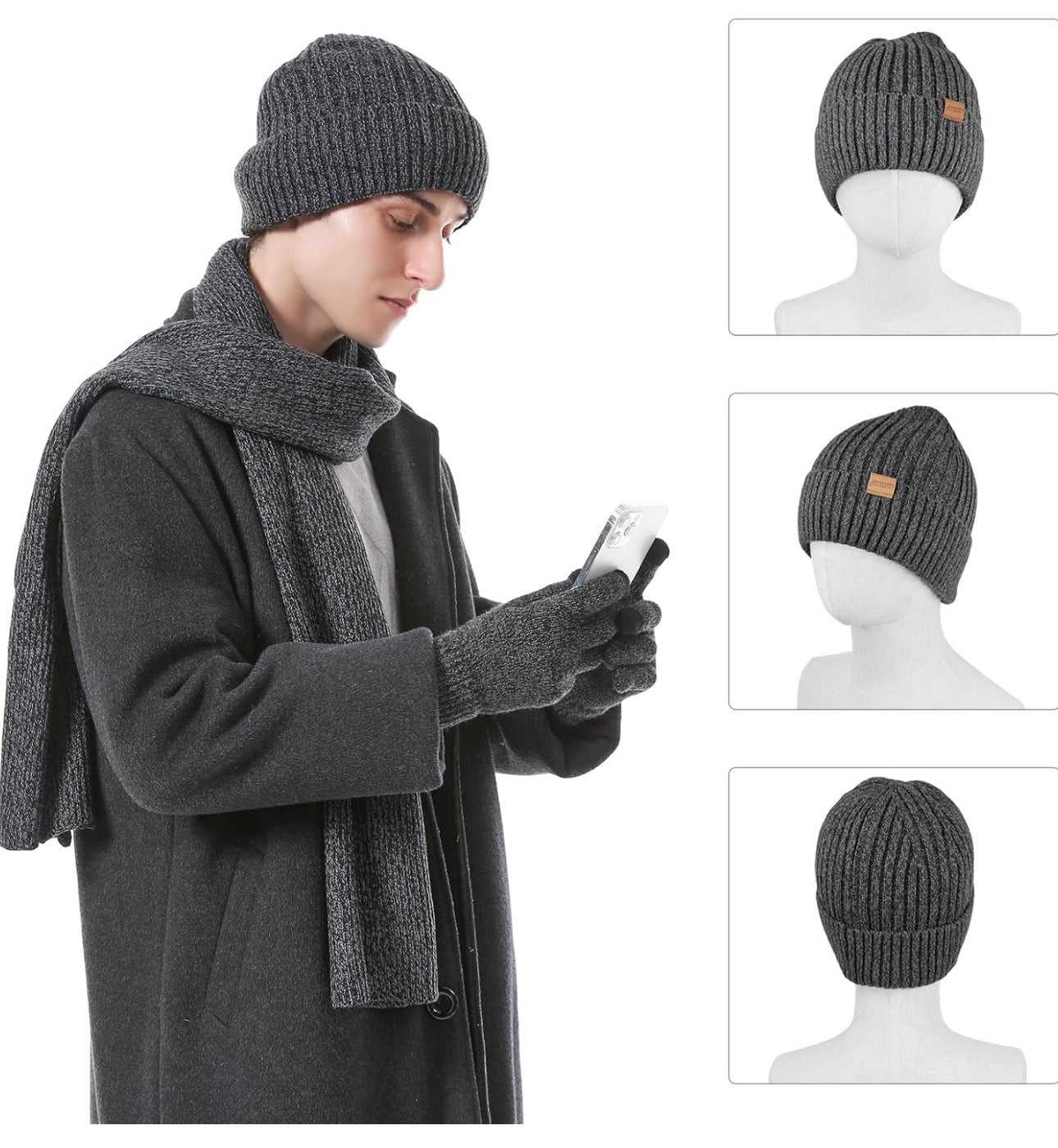Honnesserry Winter Knit Scarf, Beanie & Touchscreen Gloves Set
