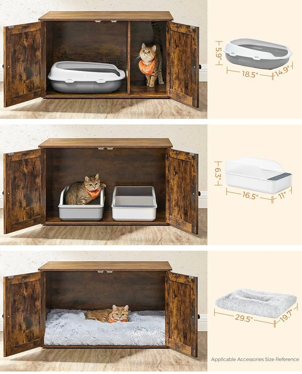 Rustic Cat Litter Box Enclosure with Barn Doors – Multi-Use Cat Furniture Cabinet (Brown Wood Finish)