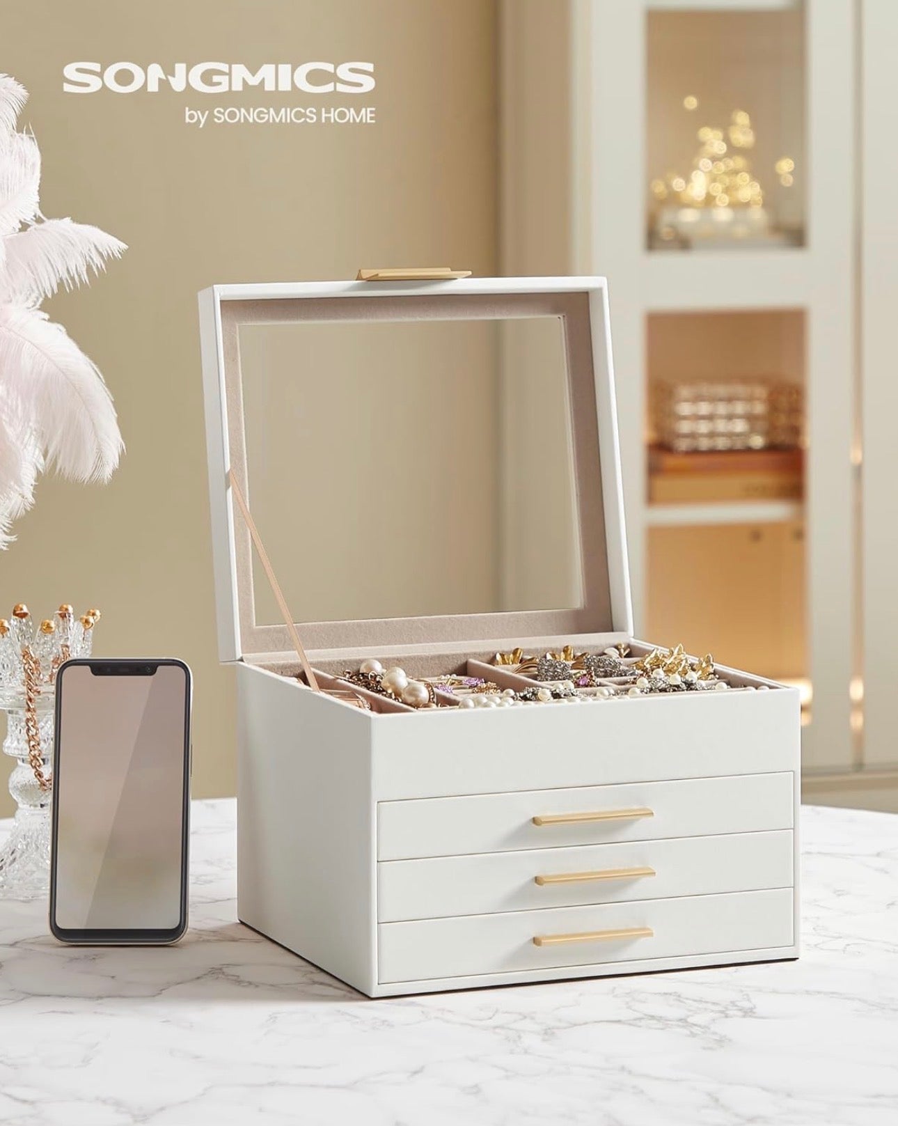 SONGMICS 4-Layer Jewelry Organizer Box – Cloud White + Gold