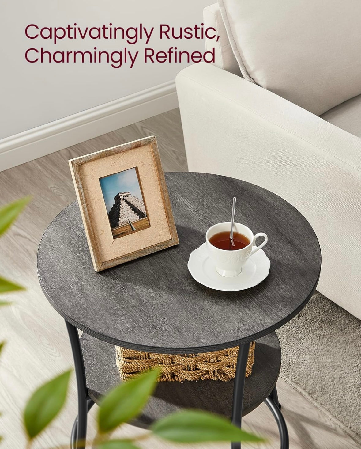 VASAGLE Misty Gray + Ink Black Round Side Table – 2-Tier Modern Accent Table