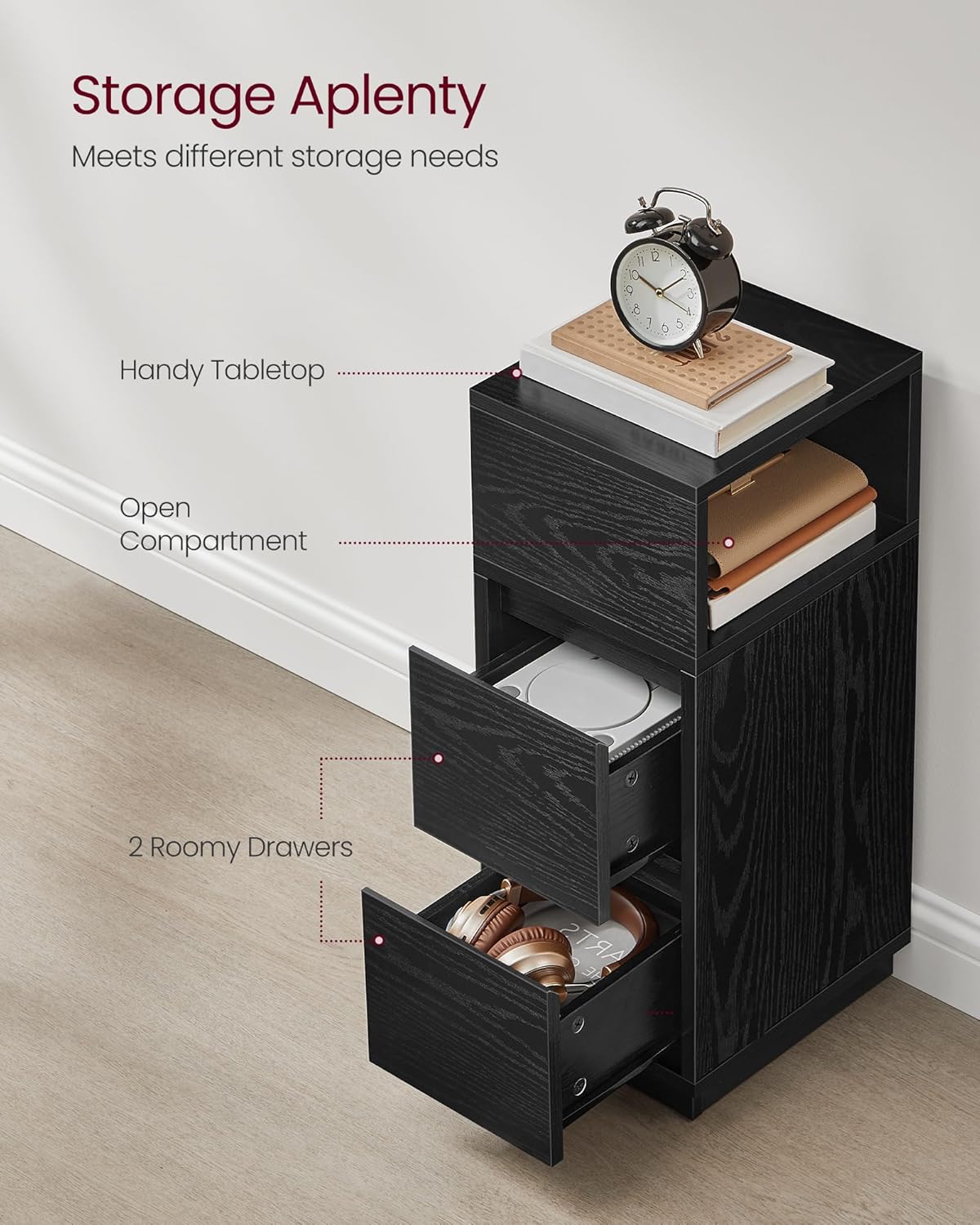VASAGLE Slim Nightstand Set (2-Piece) – Ebony Black